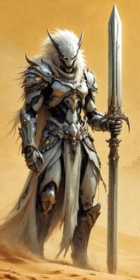 The primary subject of the image is a person dressed in a white and gold costume, holding a sword. The setting is a yellow background, which adds a warm and vibrant tone to the scene. The visual style appears to be a combination of digital art and illustration, creating a detailed and intricate representation of the character. The colors and mood of the image are predominantly warm and inviting, with the gold and white costume and the yellow background contributing to a sense of elegance and power.